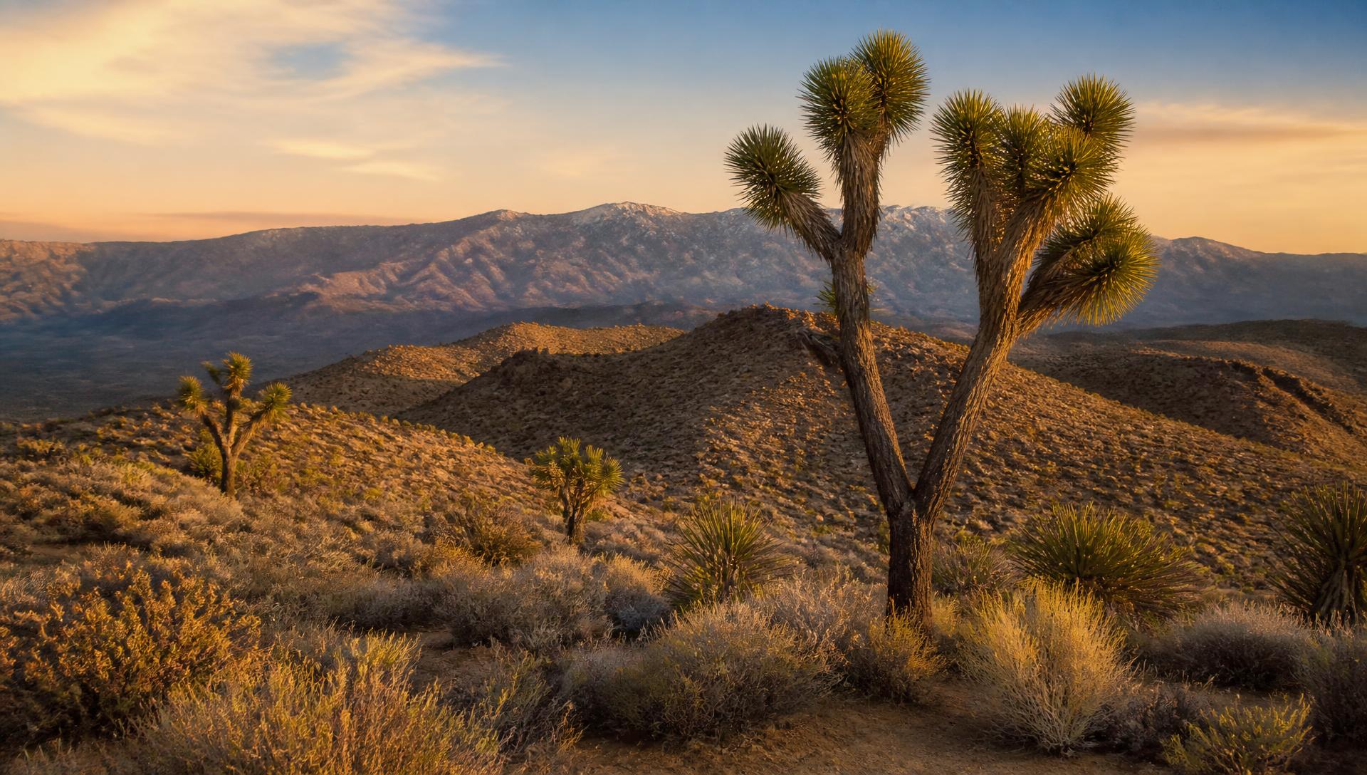 Joshua trees and desert ridgelines in the High Desert near Apple Valley, California
